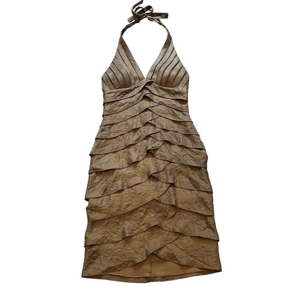 Cache Vintage Bronze Halter Shimmer Tiered Ruffle Mesh Accent Bodycon Dress